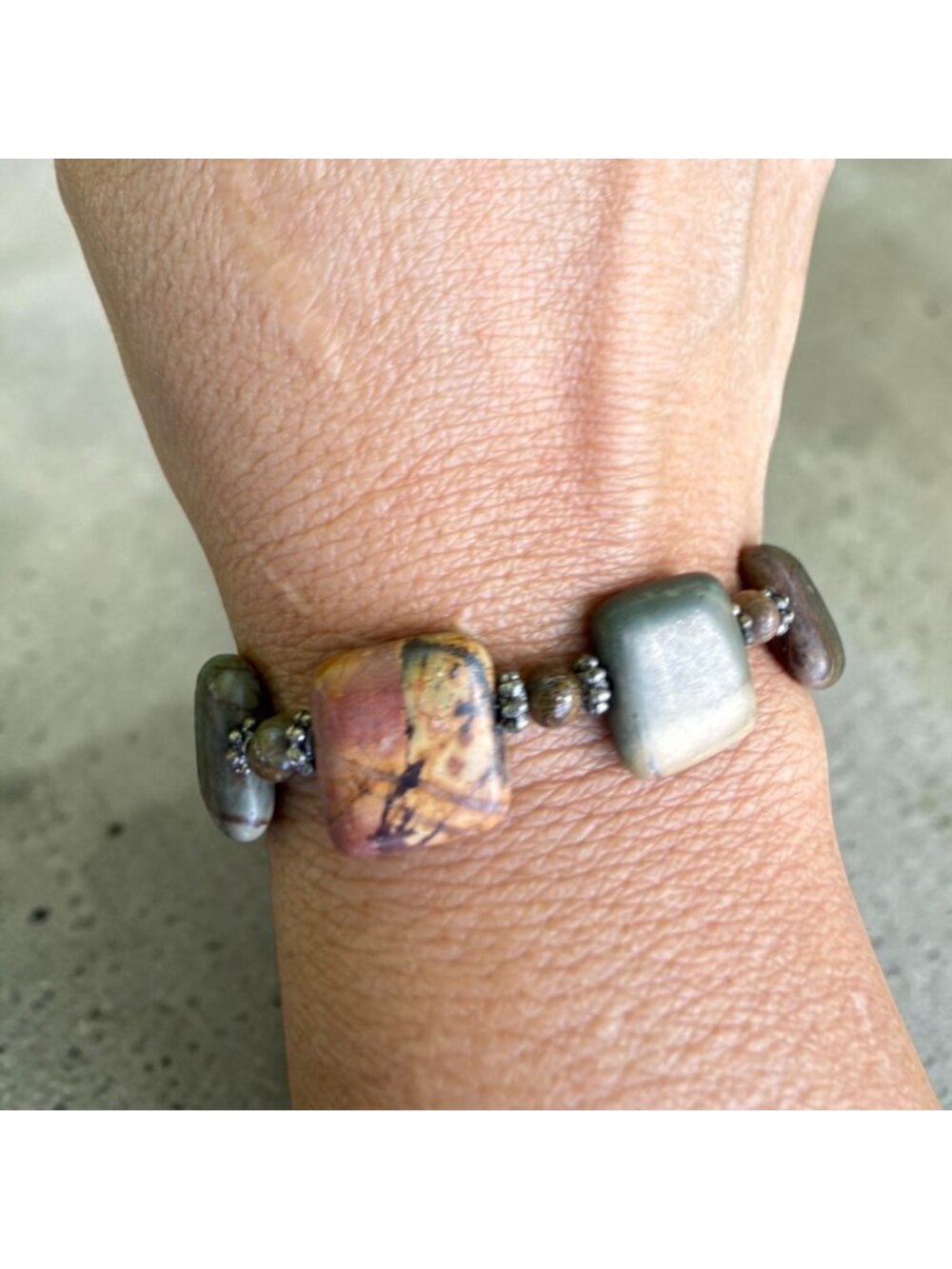 Vintage Jasper Stone Bracelet Earthy Square Beads W/ Toggle Clasp Handmade 7.5” - Picture 6 of 8